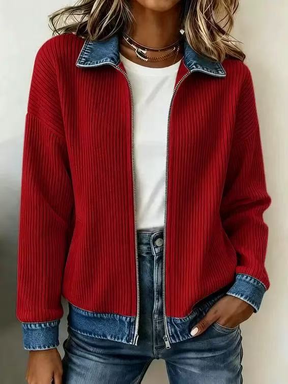 🎁New Arrivals 🔥Women's Casual Ribbed Knit Zip-Up Jacket with Contrast Denim Details