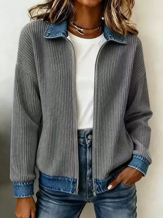🎁New Arrivals 🔥Women's Casual Ribbed Knit Zip-Up Jacket with Contrast Denim Details